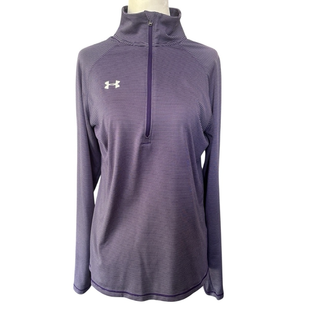 Under Armour Purple and White Striped 1/2 Zip Pullover Medium